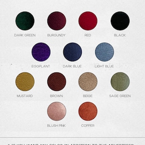 May include: A color palette chart showing 12 different velvet colors. The colors are: dark green, burgundy, red, black, eggplant, dark blue, light blue, mustard, brown, beige, sage green, blush pink, and copper.