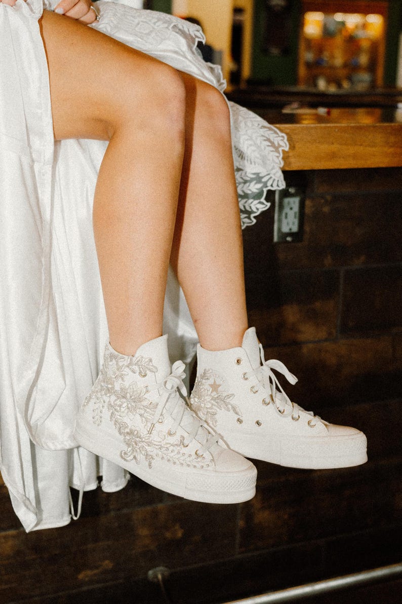 Custom Wedding Sneakers, Ivory Flower Embroidery Wedding Converse, Bridal Platform High Tops image 7