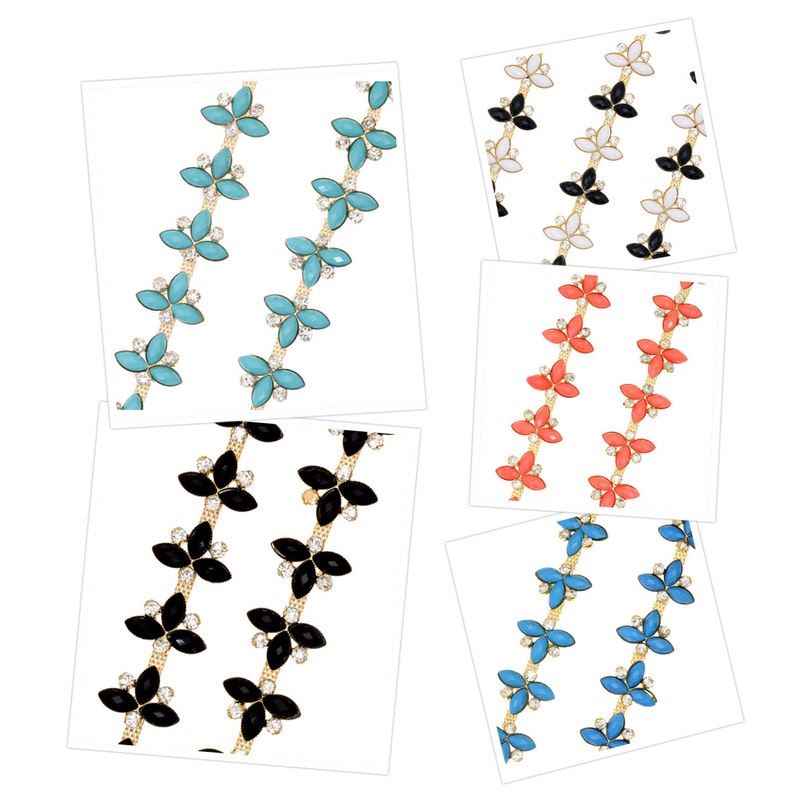 May include: Five different styles of flower-shaped chain trim with gold-colored metal and various colored stones. The chains are arranged in rows, with each row featuring a different color of stone: turquoise, black, coral, light blue, and white.