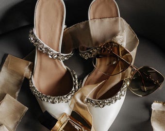 Bridal Shoes Block Heel Mules – White Leather Closed Toe Wedding Heels, Comfortable Wedding Shoes
