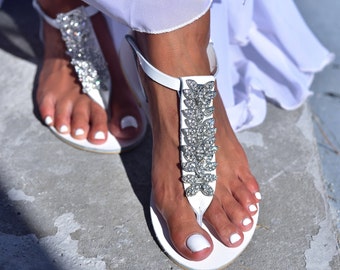 Handmade Greek Leather Wedding Sandals: Rhinestone Bridal Shoes