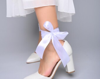 Handmade White Leather Wedding Shoes: Block Heel Bridal Shoes