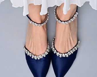 Blue Satin Wedding Flats: Bling Bridal Shoes