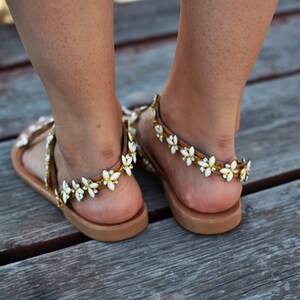 May include: A pair of brown sandals with white flower embellishments. The sandals have a flat sole and ankle straps.