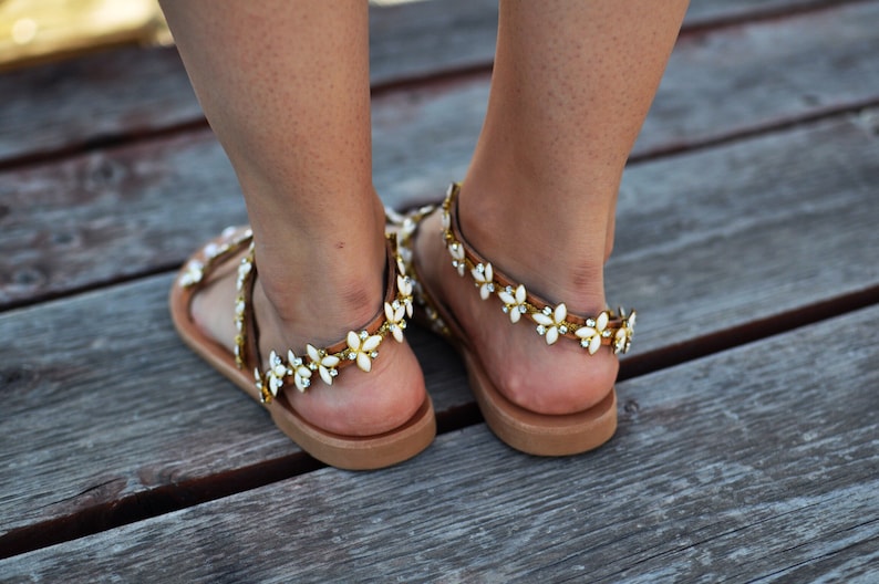 May include: A pair of brown sandals with white flower embellishments. The sandals have a flat sole and ankle straps.