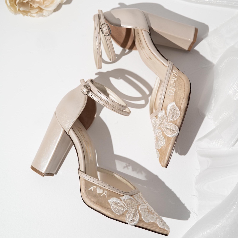 Ivory Wedding Shoes with High Block Heel and Ankle Strap, Bridal Shoes with Handmade Floral Embroidery and Pointy Toe