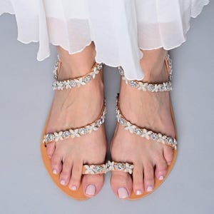 Handmade Greek Leather Wedding Sandals: Floral Bridal Flats