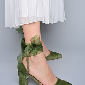 Sage Green Velvet Block Heels, Green wedding shoes, Pointed toe Green Wedding Heels, Green Velvet Pumps, Green Bridal shoes OLIVE FOREST image 3