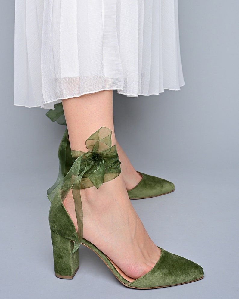 Sage Green Velvet Block Heels, Green wedding shoes, Pointed toe Green Wedding Heels, Green Velvet Pumps, Green Bridal shoes OLIVE FOREST image 3