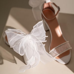 White Crochet Lace Block Heel Sandals with ORGANZA BACK BOW - Women Wedding Shoes, Bridesmaids Shoes, Bridal Shoes, Bridal Heels