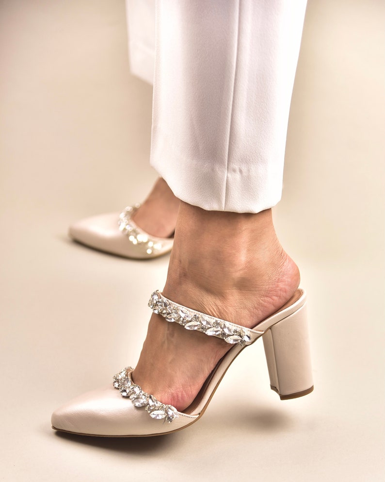 SALE Wedding shoes, Ivory Wedding Heels, Pointed Toe Mules, Ivory mules, Jeweled Heels, Wedding Block Heels, Pointed Mules Chloris image 5