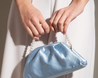Blue Satin Mini Pouch with Pearl Initial - Bridesmaid Clutch