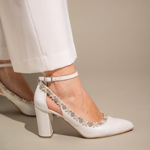 Handmade White Leather Bridal Slingbacks: Block Heel Wedding Shoes