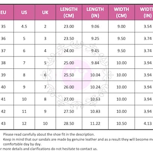 May include: A size chart for sandals, displaying EU, US, and UK sizes with corresponding measurements in centimeters and inches. The chart includes sizes from EU 35 (US 4.5) to EU 43 (US 12), with lengths ranging from 23.00 cm (9.06 in) to 28.50 cm (11.22 in).