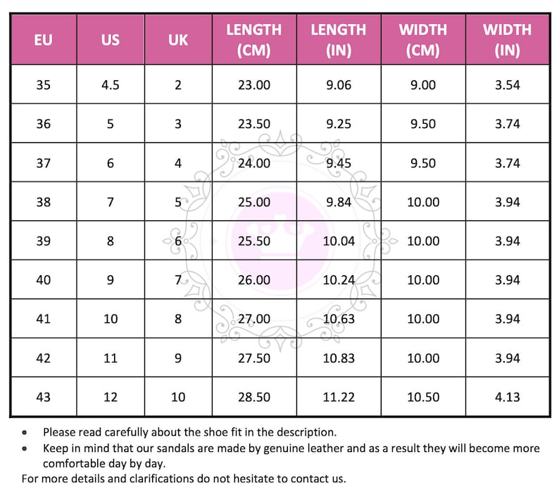 May include: A size chart for sandals, displaying EU, US, and UK sizes with corresponding measurements in centimeters and inches. The chart includes sizes from EU 35 (US 4.5) to EU 43 (US 12), with lengths ranging from 23.00 cm (9.06 in) to 28.50 cm (11.22 in).