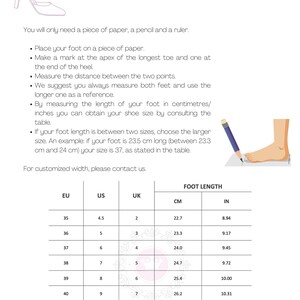 May include: A chart showing how to measure your foot in inches and centimeters. The chart includes a column for European, US, and UK shoe sizes. The chart also includes a column for foot length in centimeters and inches.