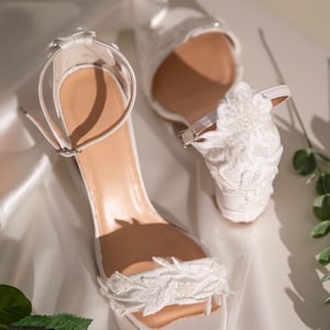 White Lace Wedding Sandals: Handmade Embroidered Bridal Block Heels