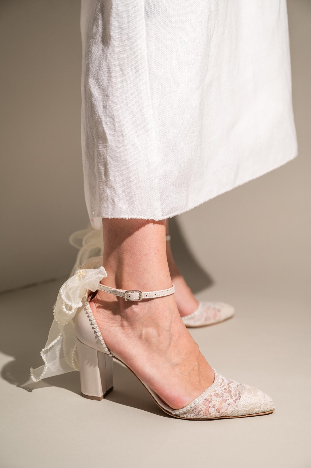 Ivory Leather Lace Wedding Shoes: Handmade Block Heel Bridal Heels - Etsy