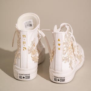 Custom Wedding Sneakers, Ivory Flower Embroidery Wedding Converse, Bridal Platform High Tops