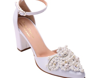 White Leather Bridal Shoes, Pearls, Handmade Wedding Shoes