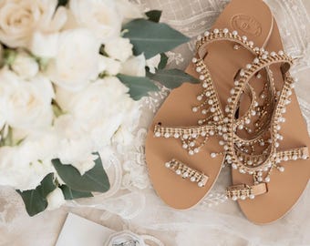 Pearl Wedding Shoes, Handmade Boho Bridal Shoes, Greek Leather Sandals