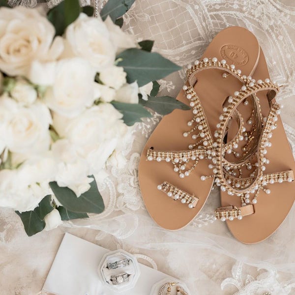 Pearl Wedding Shoes, Handmade Boho Bridal Shoes, Greek Leather Sandals