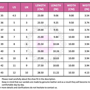 May include: A size chart for sandals, showing European, US, and UK shoe sizes, along with corresponding length and width measurements in centimeters and inches.