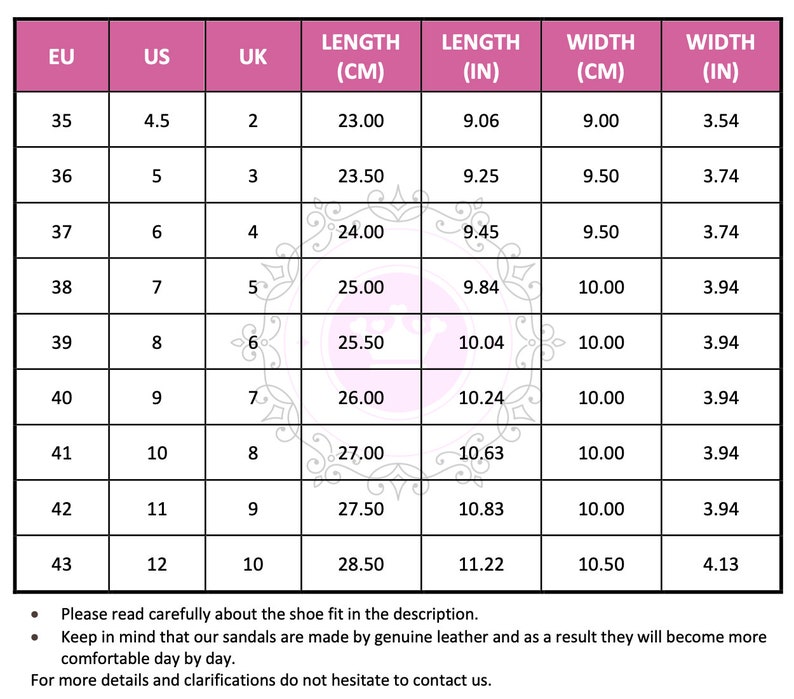 May include: A size chart for sandals, showing European, US, and UK shoe sizes, along with corresponding length and width measurements in centimeters and inches.