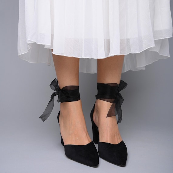 Black Dress Shoes with Ribbon Tie Ankle Strap, Velvet Evening Shoes