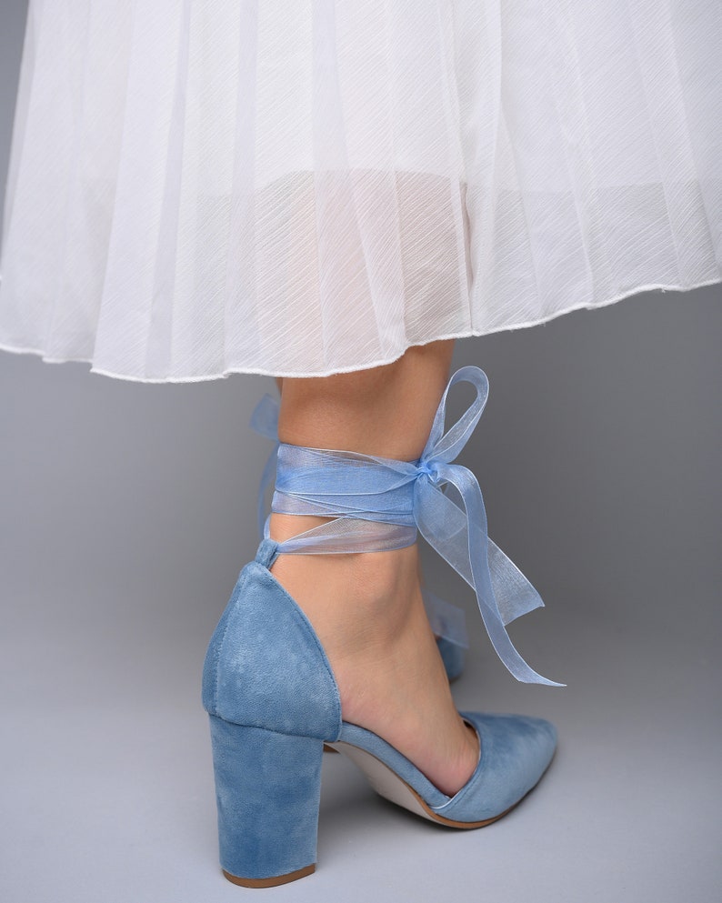 Light Blue Velvet Wedding Shoes Block Heels Bridal Shoes for Etsy