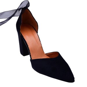 velvet block heel pumps