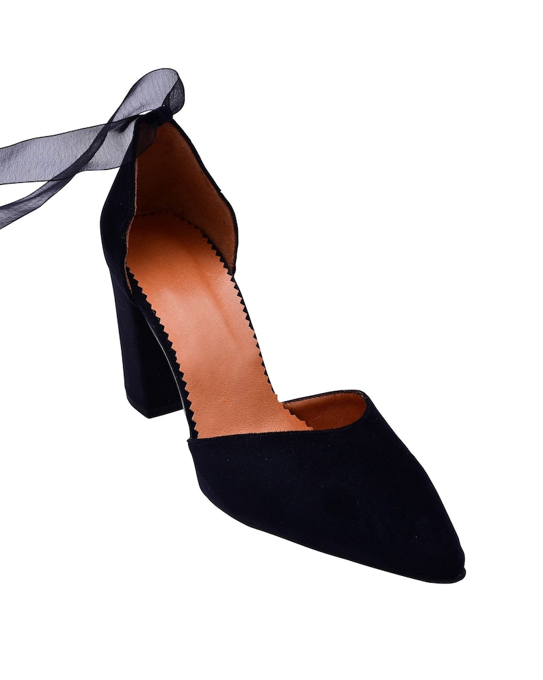 velvet block heel pumps