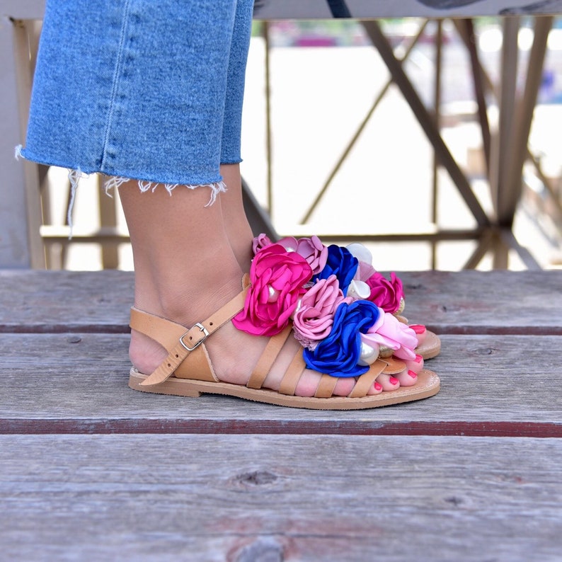 Boho Greek Leather Sandals for Women With Fuchsia Flowers - Etsy