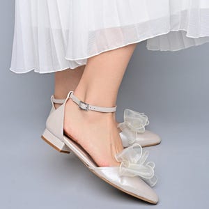 Ivory Leather Wedding Flats: Pointy Toe Satin Bow Bridal Shoes