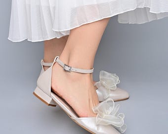 Ivory Leather Wedding Flats: Pointy Toe Satin Bow Bridal Shoes