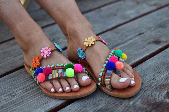 Boho pom deals pom sandals
