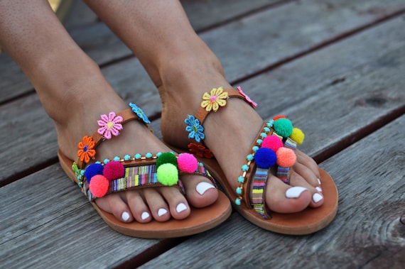 Pom Pom Sandals liatris Greek Leather Sandals - Etsy