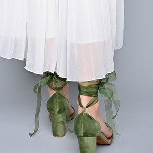 Sage Green Velvet Block Heels, Green wedding shoes, Pointed toe Green Wedding Heels, Green Velvet Pumps, Green Bridal shoes OLIVE FOREST image 4