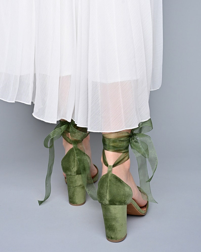 Sage Green Velvet Block Heels, Green wedding shoes, Pointed toe Green Wedding Heels, Green Velvet Pumps, Green Bridal shoes OLIVE FOREST image 4