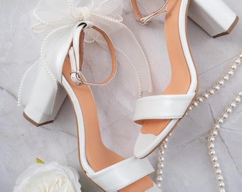 Custom Wedding Shoes with Pearl Bow, White Bridal Shoes Block Heels