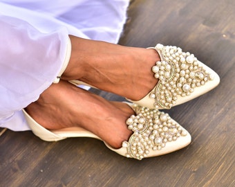 Ivory Leather Pointy Toe Flats with Sparkly RHINESTONES APPLIQUE, Women Wedding Shoes, Bridesmaid Shoes, Ivory Bridal Shoes - Erkina