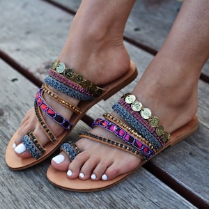 Handmade Leather Gladiator Sandals: Purple Boho Coin Straps