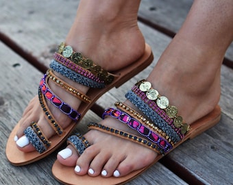 Handmade Leather Gladiator Sandals: Purple Boho Coin Straps