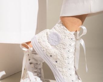 Converse alte bianche da sposa, scarpe Converse personalizzate