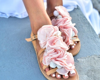 Pink Peonia Wedding Sandals: Handmade Greek Leather Bridal Shoes