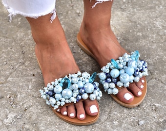 Aqua Blue Beaded Leather Sandals: Beach Wedding Bridal Shoes