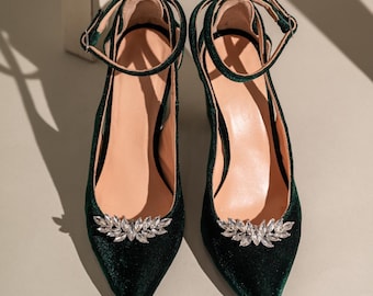 Green Velvet Wedding Shoes Block Heel: Handmade Ankle Strap Bridal Shoes