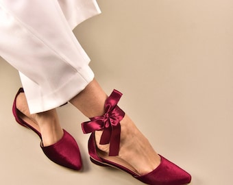 Burgundy Velvet Wedding Flats: Bridal Shoes with Ankle Straps