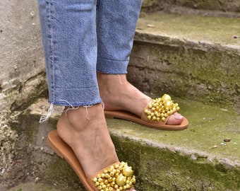 Yellow Beaded Leather Greek Sandals: Handmade Summer Slides