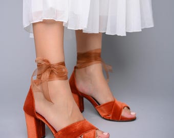 Wedding Shoes Block Heels, Copper Bridal Shoes, Handmade in Greece